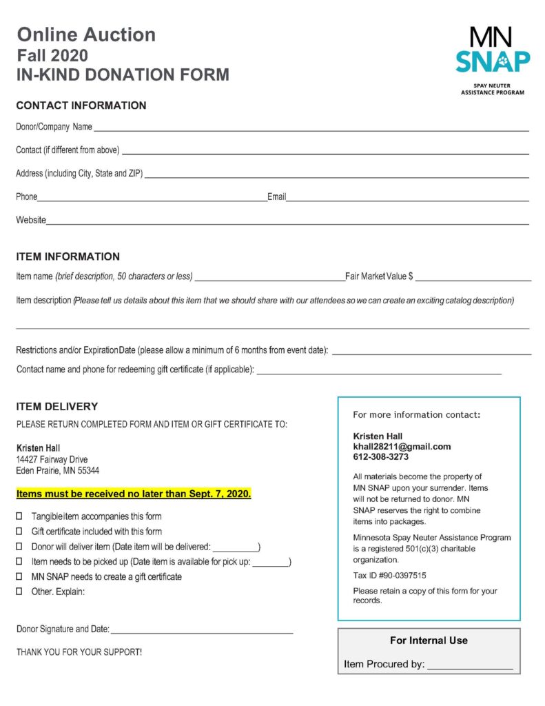 MN SNAP In Kind Donation Form 2020 Low Cost Spay Neuter In MN