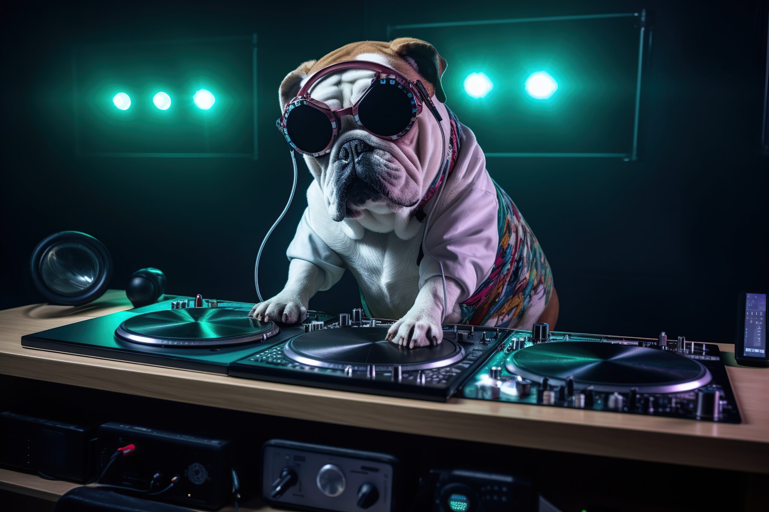 A bulldog with goggles and an outfit is a DJ with two turntables and a microphone.